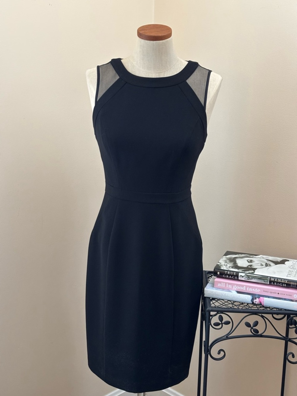 White House Black Market Black Sleeveless Sheath Dress with Mesh Yoke
